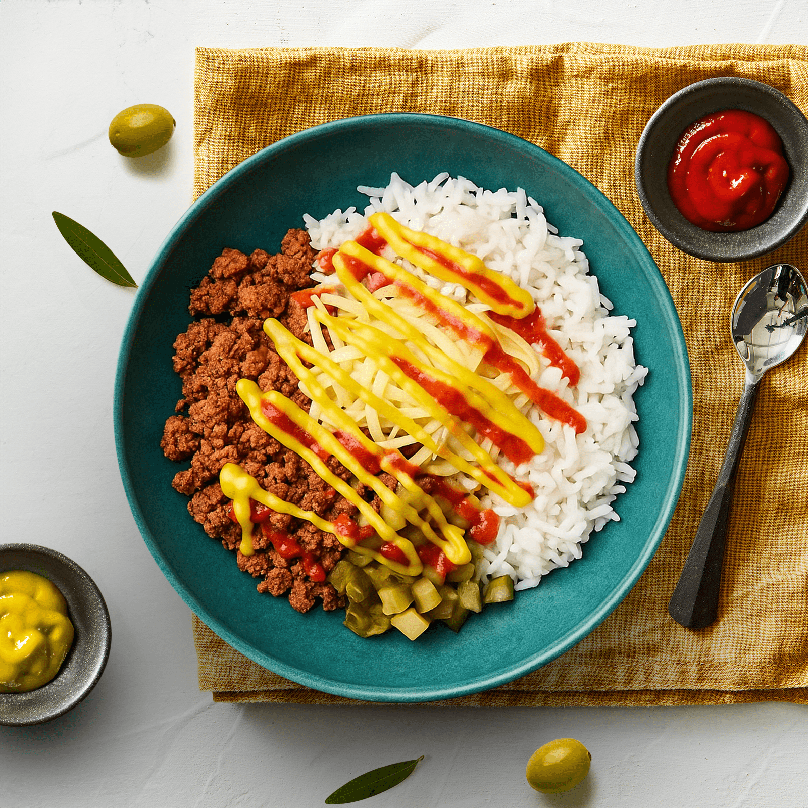 High protein cheeseburger bowl with rice and melted cheese