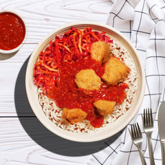 Korean fried chicken bowl with rice and gochujang sauce